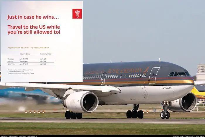 Royal Jordanian offering last minute cheap flights to U.S. “in case Trump wins”