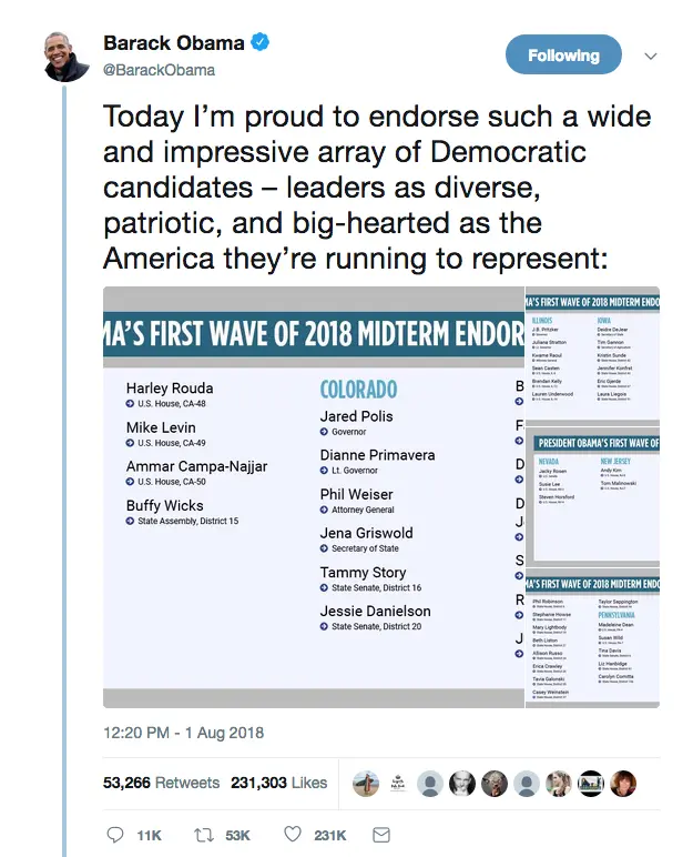 Obama tweets his endorsements