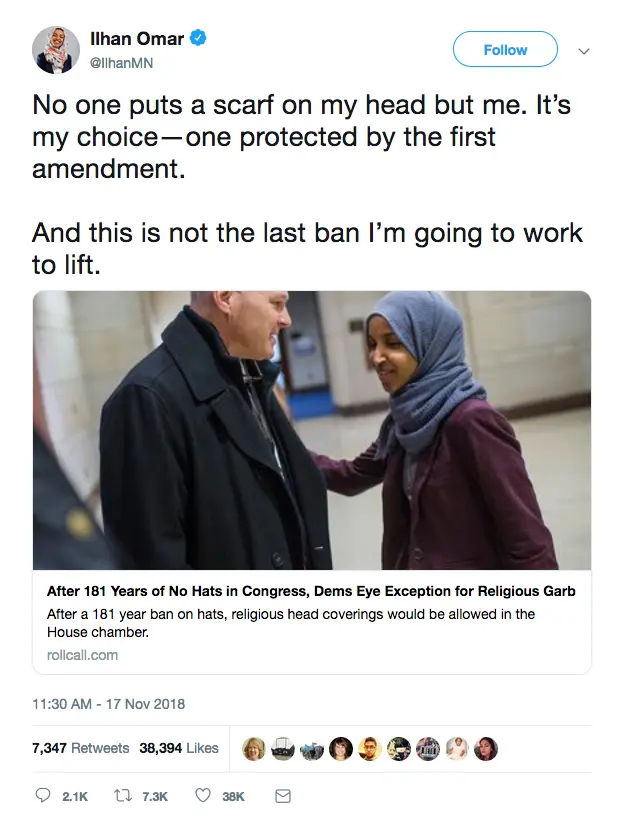 Ilhan Omar tweet on headware