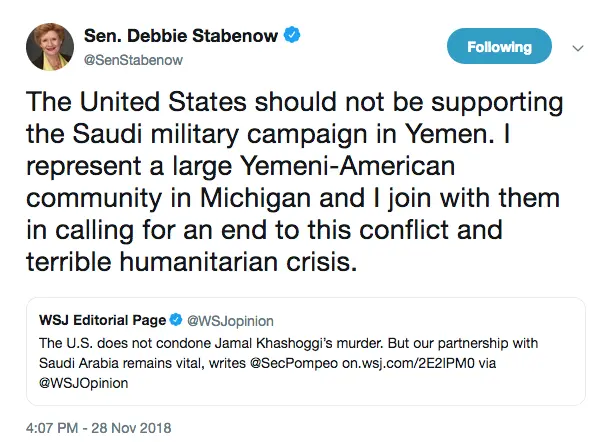 Stabenow tweet on Yemwen war