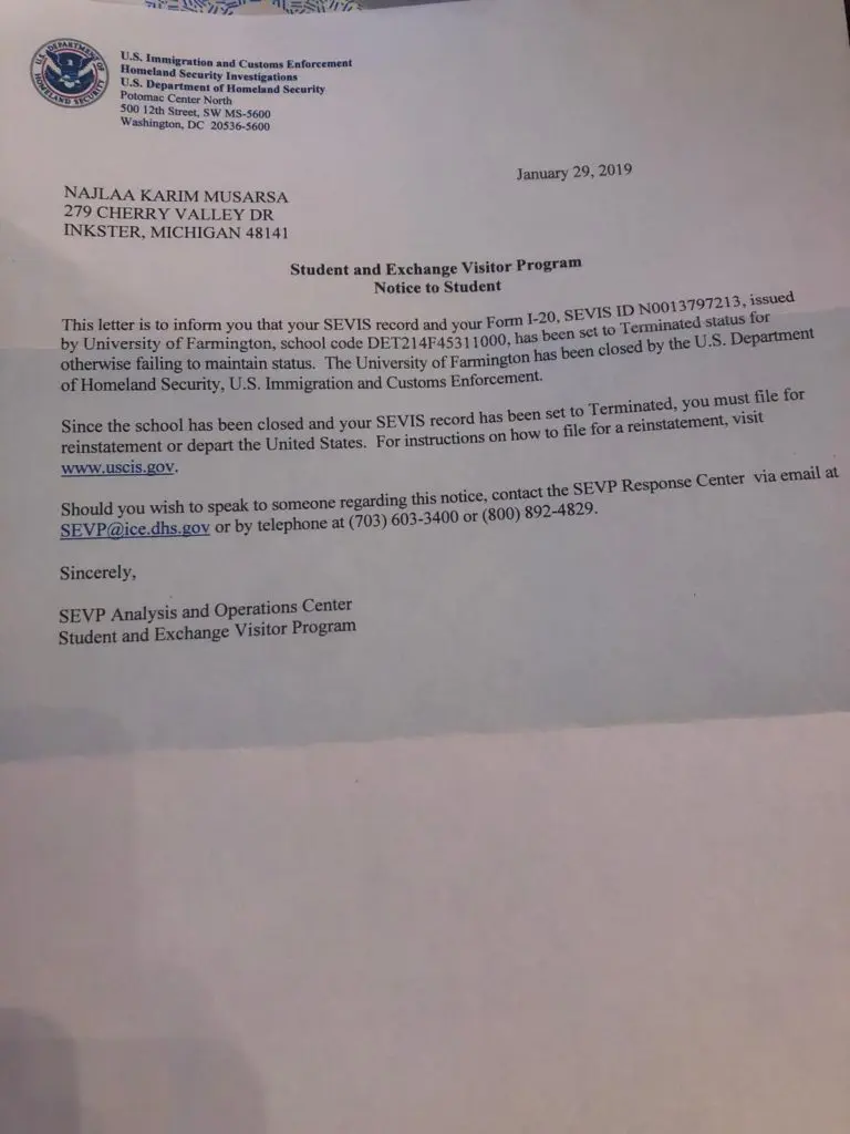 ICE's letter to Najlaa Karim Musarsa