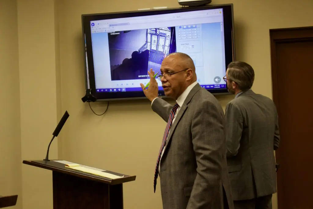 Ibrahim Aljahim's defense attorneys show video during a cross examination on October 31.