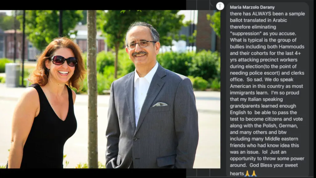 George Darany and his wife Maria Marzolo Darany next to a social comment she made