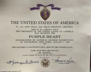 Peter Essa's Purple Heart Certificate he was awarded after being shot and wounded in World War II