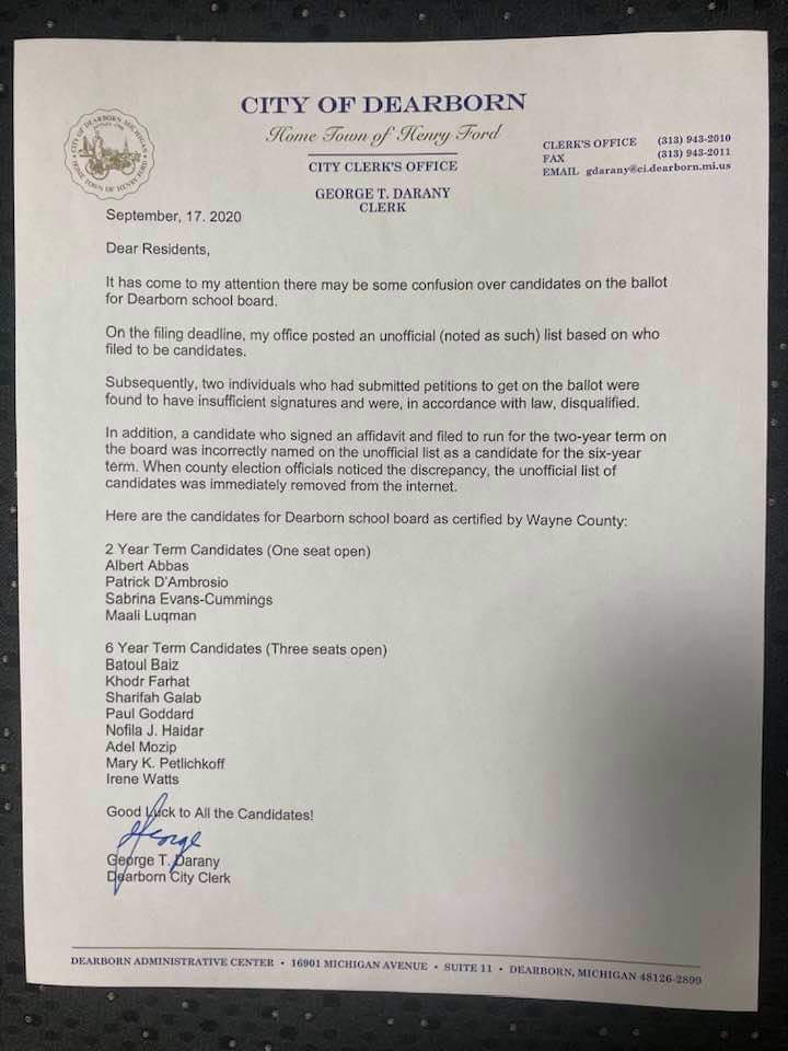 Dearborn City Clerk George Darany corrected the records and released a statement explaining the reason for the changes 56 days after the deadline for withdrawal, and after The Arab American News contacted him on September 15 to inquire about the confusion and the discrepancy between the ballot and his earlier statement.