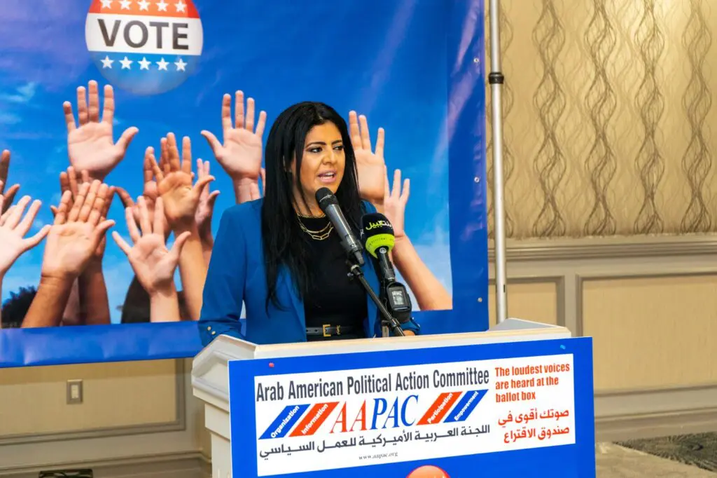 AAPAC President Attorney Mona Fadlallah addressing the guests at the reception.