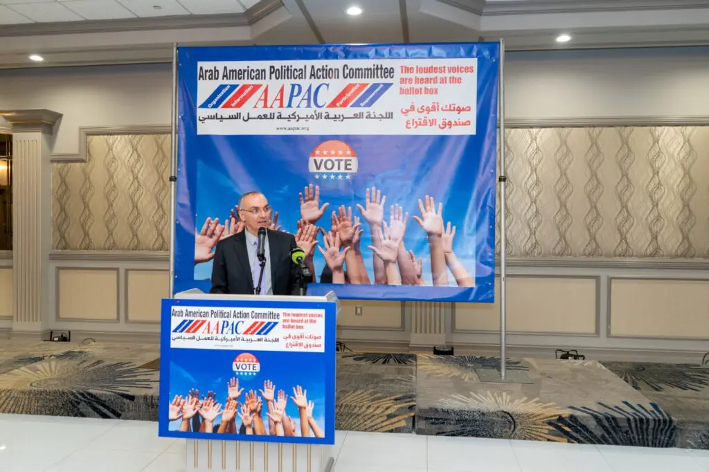 Attorney Abed Hammoud speaking at the reception.