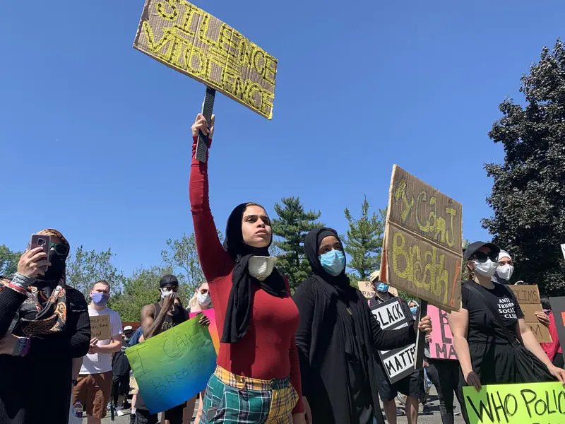 Shayma Ghalab [left] and Thuraya Yahra were among several young Arab American protesters who joined Sunday's demonstrations on June 7 in Dearborn and Detroit. "We know all about being oppressed," Ghalab said. – File photos courtesy of Michigan Radio