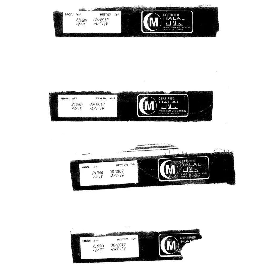 Photo provided by a Krome detainee of labels for halal food that expired August 2017 and was served in December 2017
