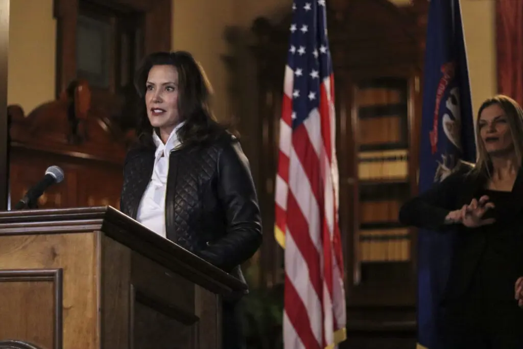 Governor Whitmer hold press conference from Lansing on Thursday, Oct. 8, after arrests and charges were announced for men that had conspired to kidnap her. Photo: Office of the Governor