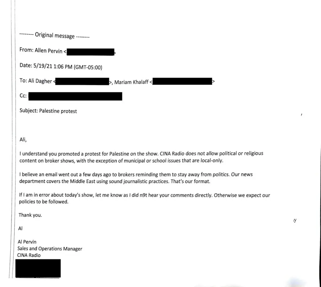 Original email sent on Wednesday from Al Pervin, Sales and Operations Manger, CINA Radio to Al Dagher. Image: Ali Dagher