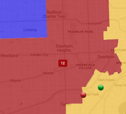 Arab American enclaves of Dearborn and Dearborn Heights concentrated in one state congressional district. Photo: Screenshot/City Gate GIS