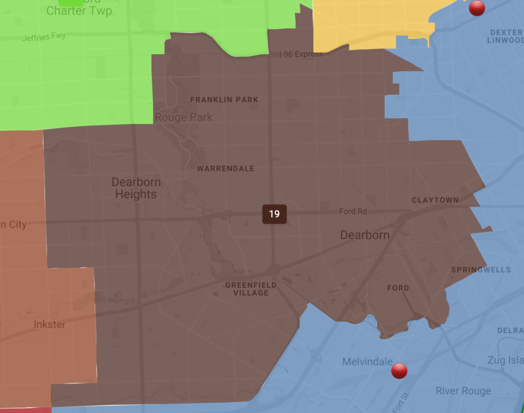 Draft map shows State Senate District 19 encompassing virtually all of Dearborn and Dearborn Heights. Photo: Screenshot/City Gate GIS