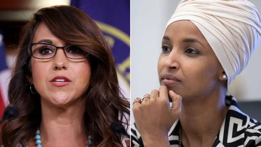U.S. Reps. Ilhan Omar, right, and Lauren Boebert
