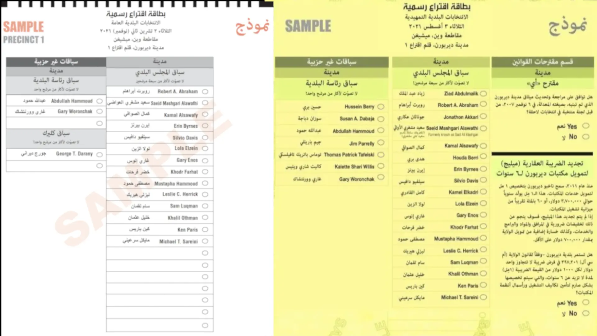 Sample ballots in the 2021 primary and general election, translated by The Arab American News