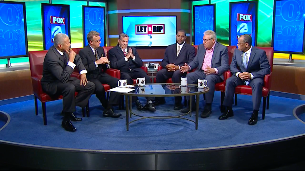 Osama Siblani and other panelists discuss mass surveillance of Arab Americans in Dearborn on FOX2 News anchor Huel Perkins' "Let It Rip". Screengrab/FOX2