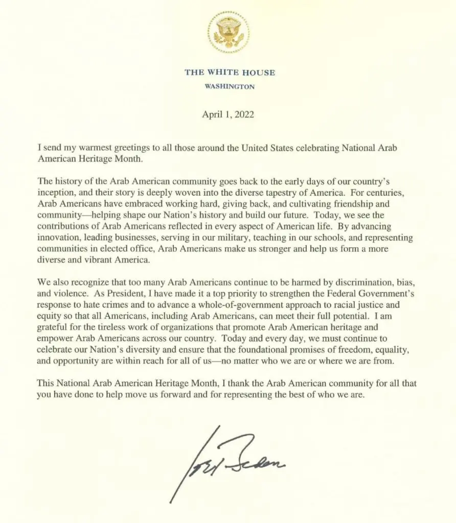 A letter from President Biden celebrating National Arab American Heritage Month, 2022