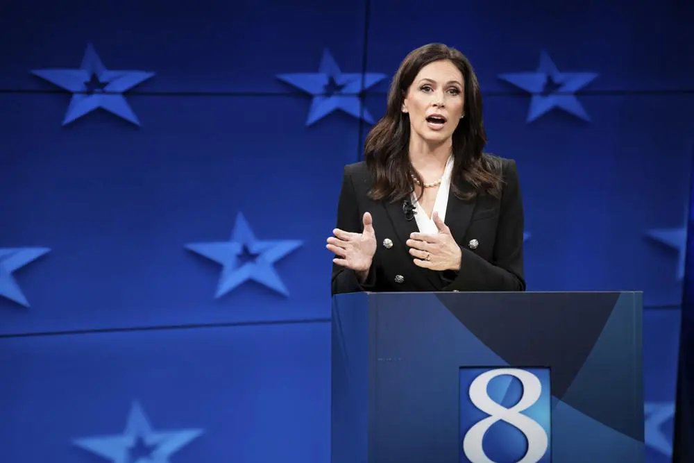 Republican gubernatorial candidate Tudor Dixon speaks during a Michigan Governor debate Thursday, Oct. 13 at WOOD-TV studios in Grand Rapid. Photo: Bryan Esler/Nexstar Media Group/WOOD-TV via AP