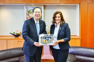 Gov. Whitmer with with Toyota President and CEO Koji Sato. – Photo courtesy of the Michigan Economic Development Corporation