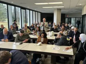 Participants at the meeting organized and hosted by the American Human Rights Council (AHRC-USA) for the UNRWA delegation during their visit to Dearborn on Tuesday, March 12.– Photo courtesy of the AHRC