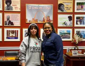 Rep. Cori Bush (D-Mo.) posing next to her guest Dr. Intimaa Salama. – Photo courtesy of Bush's office