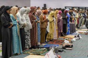 American Muslim women pray to mark the end of the holy month of Ramadan in Los Angeles on Wednesday, April 10. – Photo by AP