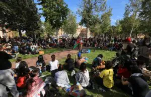 Demonstrators gather after students built a protest encampment in support of Palestinians at the University of Southern California's (USC) Alumni Park, in Los Angeles, California, April 24. – Reuters