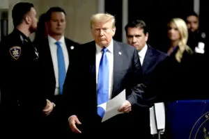 Former President Donald Trump arrives at Manhattan Criminal Court, Thursday, May 30, in New York.