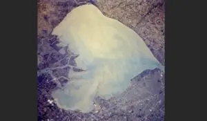 An aerial view of the lake where Aseel's father drowned in, Lake St. Clair. 16 years ago.