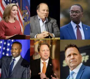 Clockwise from top left, Michigan Secretary of State Jocelyn Benson, Detroit Mayor Mike Duggan, Lt. Gov. Garlin Gilchrist, Genesee County Sheriff Chris Swanson, Senate Minority Leader Aric Nesbit and U.S. Rep. John James have all announced campaigns for governor in 2026. – File photos