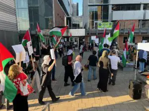 Pro-Palestinian protestors in front of the 15th District Court Building in Ann Arbor, demanding charges filed by Michigan Attorney General Dana Nessel be dropped. Sept. 20