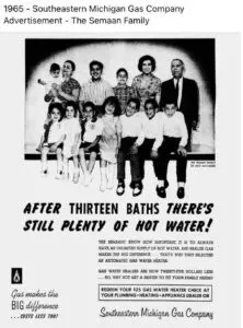 A 1965 advertisement for gas water heaters features the full 13-member family of Aziz Semaan, including Tom (third seated from the left).
