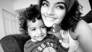 Stella Davis with her son