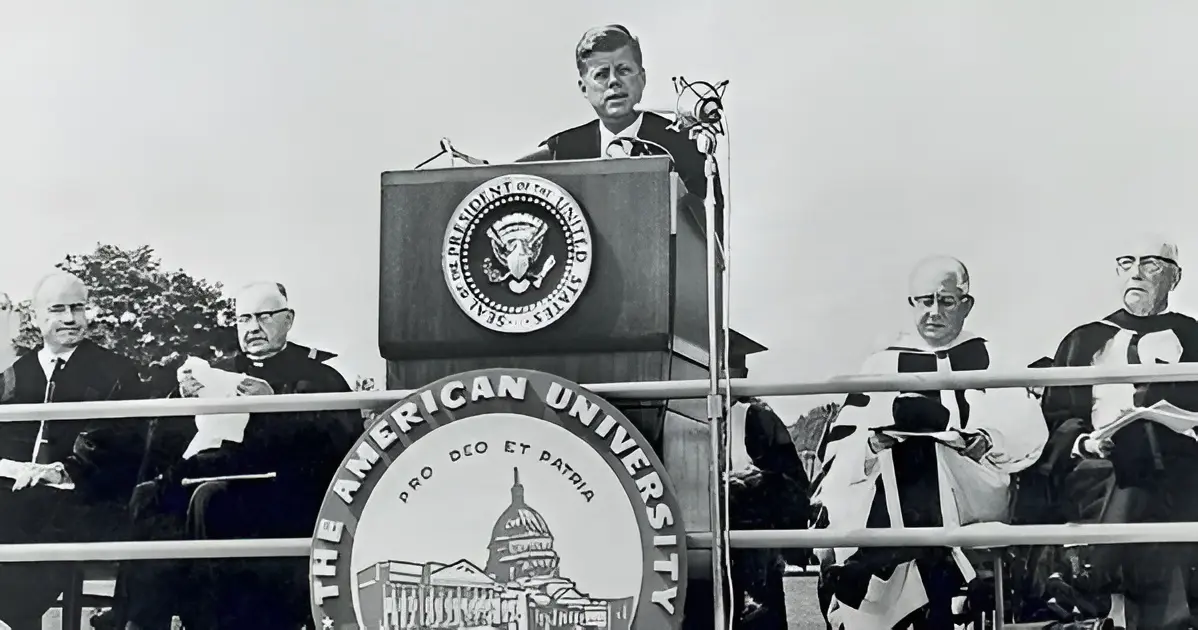 on June 10, 1963, President John F. Kennedy visited American University to give the commencement speech for the class of 1963. Just 9 months prior, the United States and the Soviet Union had come perilously close to nuclear war during the Cuban Missile Crisis.