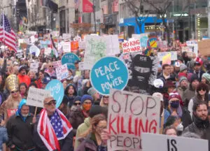 Thousands of demonstrators filled the streets of Manhattan to protest Immigration and Customs Enforcement (ICE) and war in Venezuela on Sunday, Jan. 11, 2026, in New York, United States.