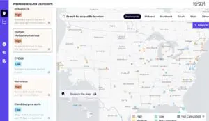 (Data for prevalence of HMPV throughout the US. Image created from map at data.wastewaterscan.org; statewide data can be searched at this site.)
