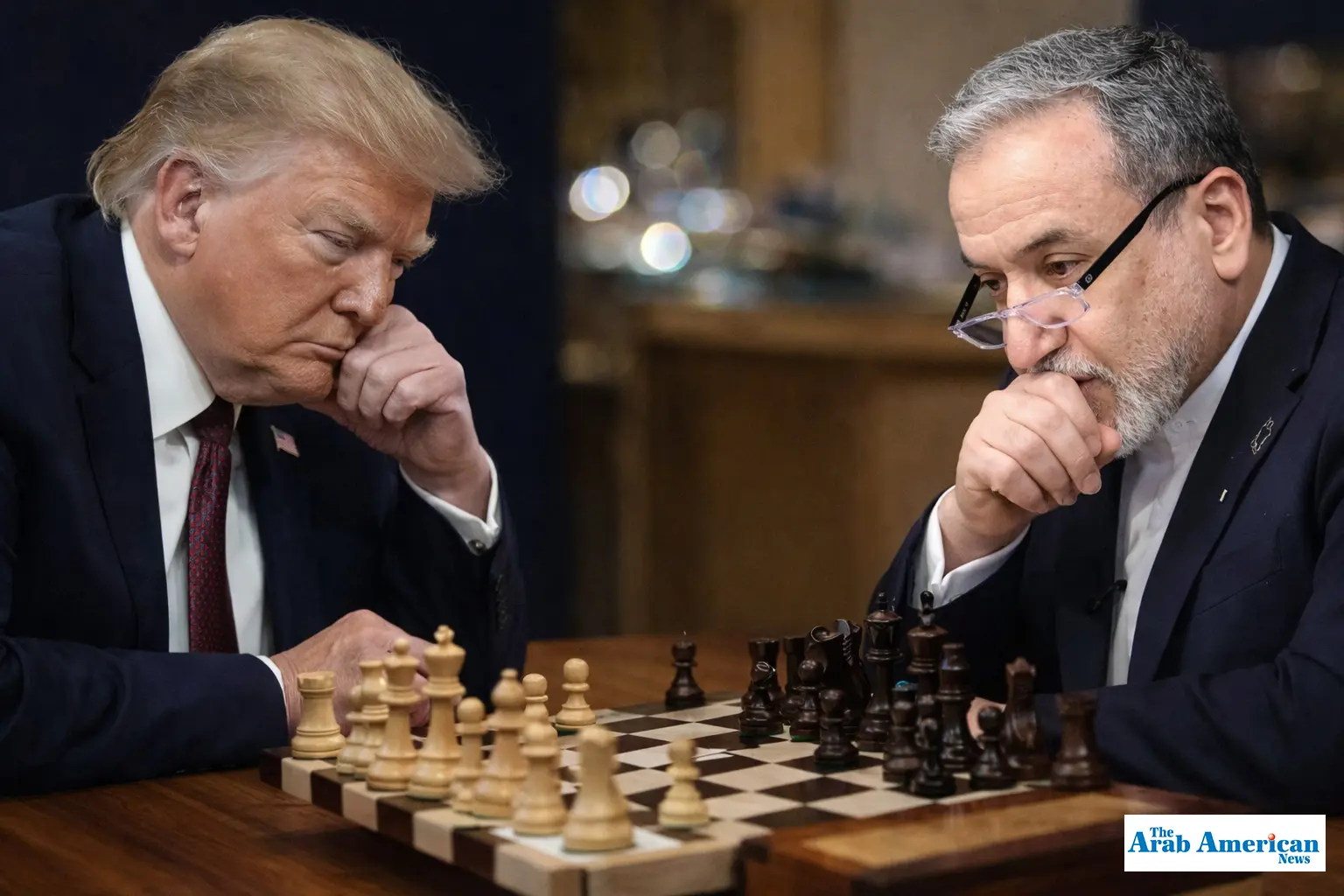 A symbolic face-off: Former U.S. President Donald Trump and Iranian Foreign Minister Abbas Araghchi engage in a high-stakes chess match, reflecting the strategic tension and calculated moves shaping the ongoing geopolitical confrontation between Washington and Tehran.