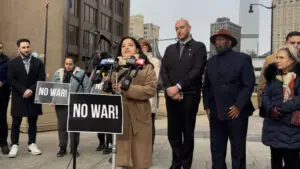 Detroit City Councilwomen Gabriela Santiago-Romero speaking at the press conference.