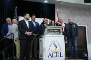 ACRL founder attorney Nabih Ayad speaks during the press conference at Bint Jbeil Cultural Centerin Dearborn on Monday, April 20. - Photo by Abbas Shehab