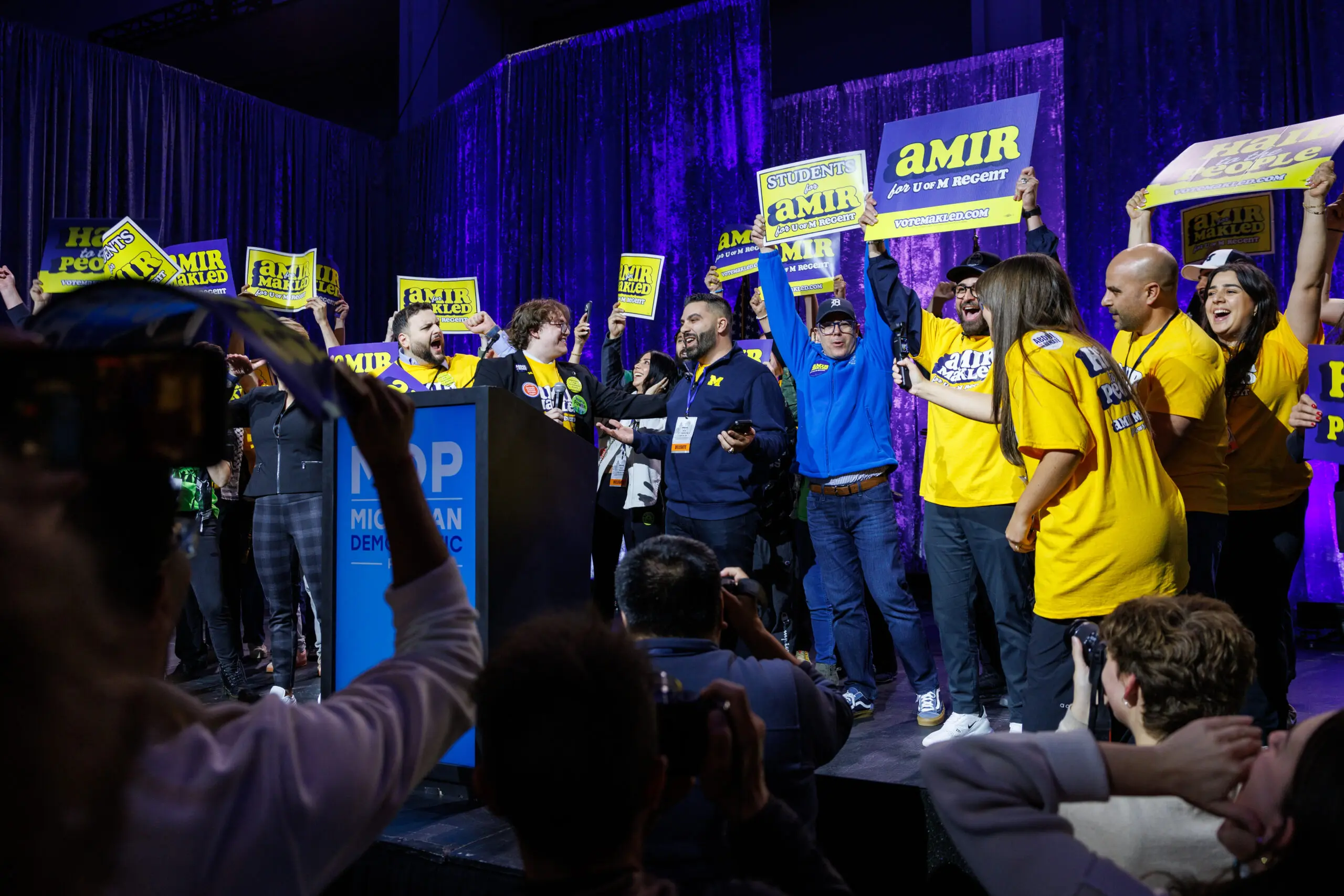 Attorney Amir Makled accepts the Michigan Democratic Party's endorsement for the University of Michigan Board of Regents in Detroit, Mich., on April 19, 2026. (Photo by Andrew Roth/Michigan Advance)