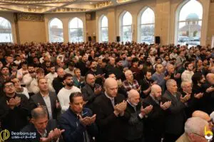 Worshipers performing the prayers of Eid al-Ftr at the Imamain Alhassanian Mosque in Dearborn Heights last March, marking the grand opening of the mosque. - Photo by Dearborn.org