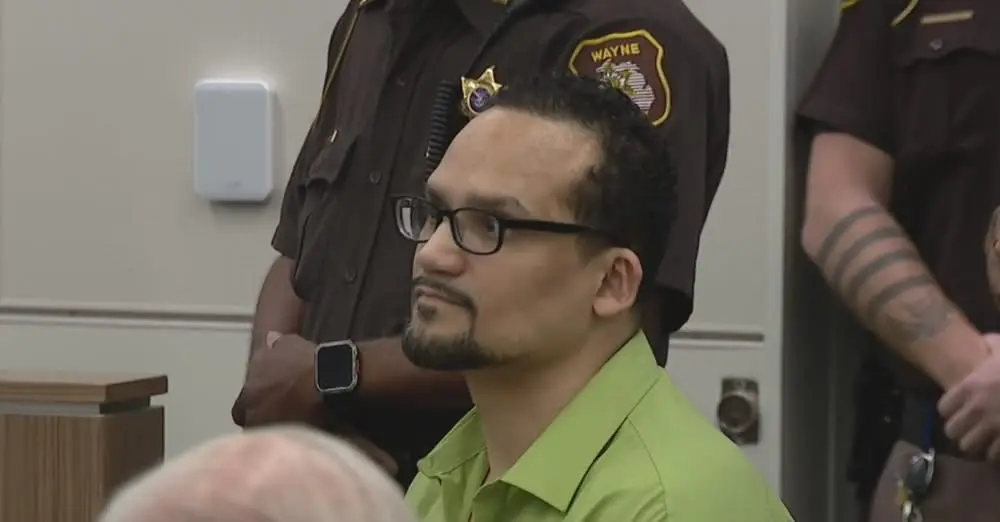 Michael Lopez at the moment the jury’s verdict was announced in the fatal shooting of Mohamed Said at Wayne County Circuit Court.