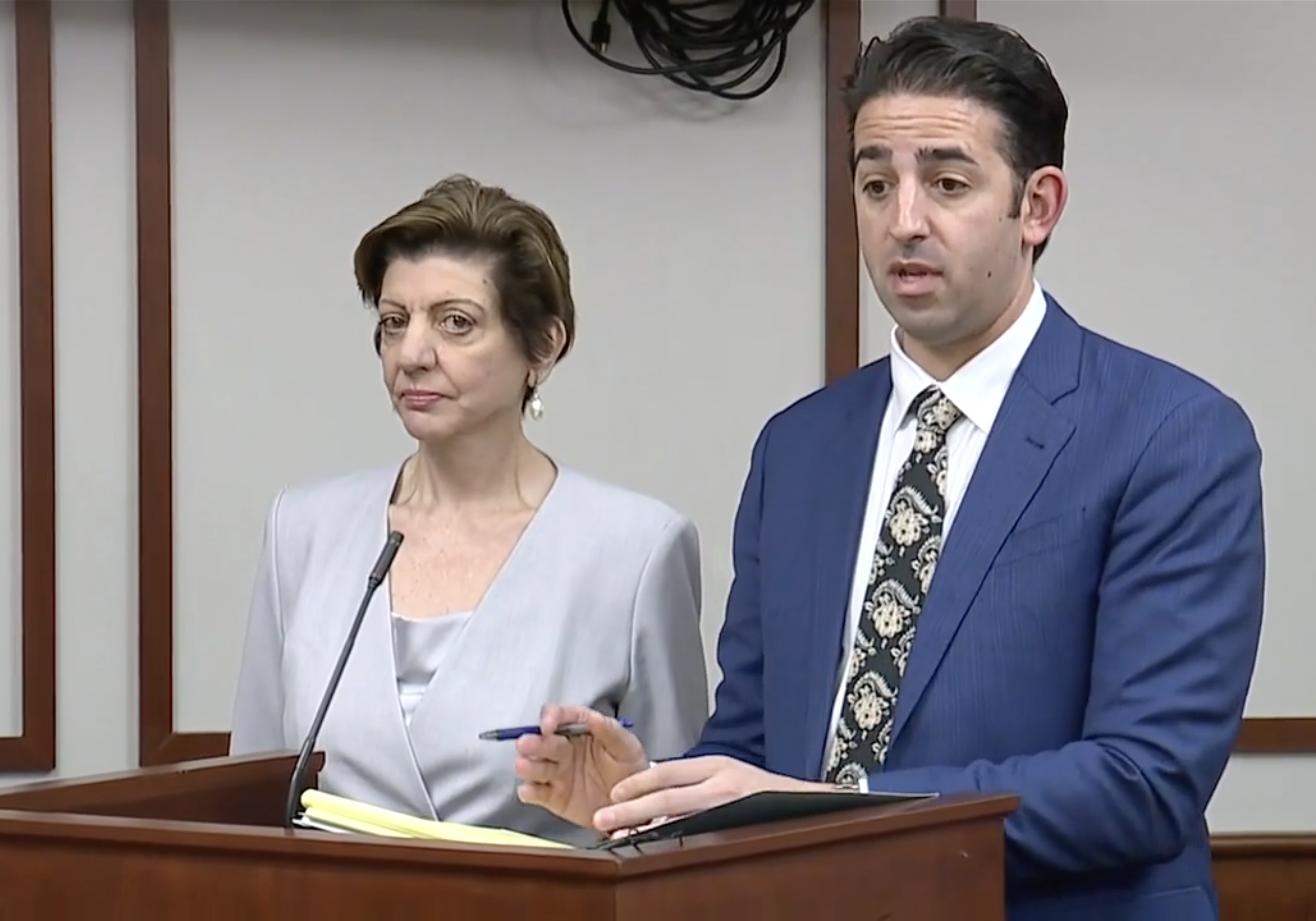 Fay Beydoun standing next to her attorney Vincent Haisha on Wednesday, May 6, at the 47th District Court in Farmington Hills where she was charged with 16 feloney counts