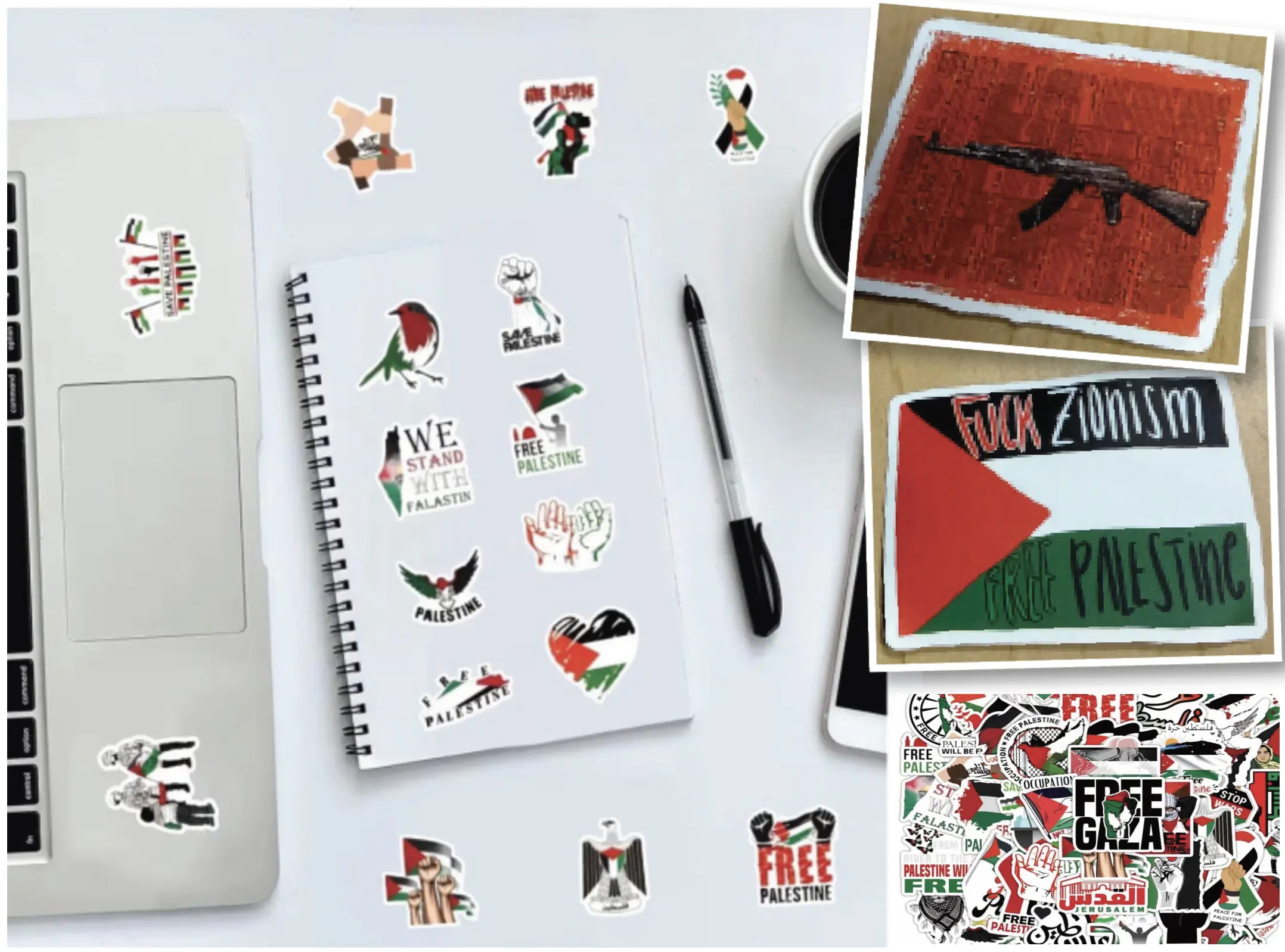 Inset images show the two controversial stickers that were among more than 100 small stickers displayed during Multicultural Night at Beverly Elementary School.