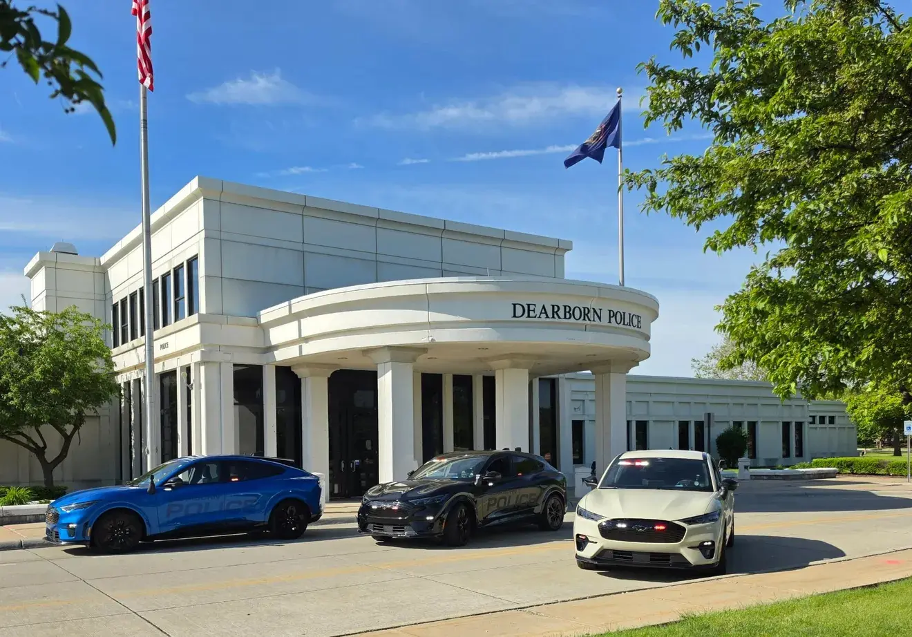 The new vehicles assigned to the Aggressive Driving Unit outside Dearborn Police Headquarters.