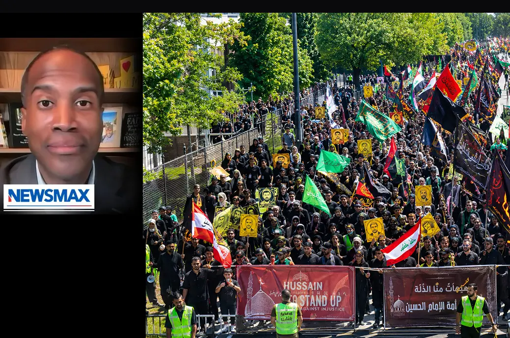 The Dearborn Ashura march and (inset) Congressman John James during his interview on Newsmax.
