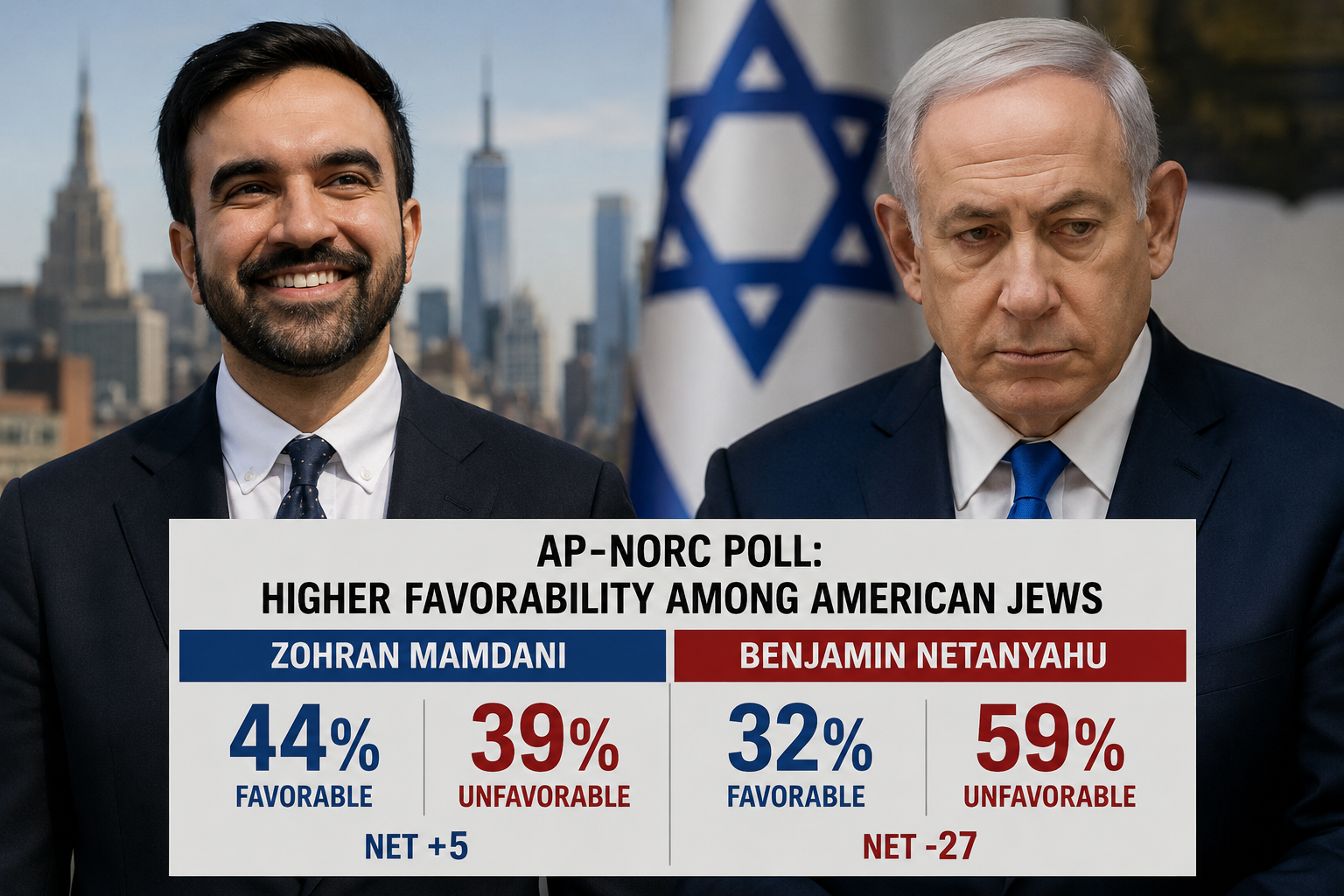 Survey finds American Jews hold more favorable view of Mamdani than Netanyahu.