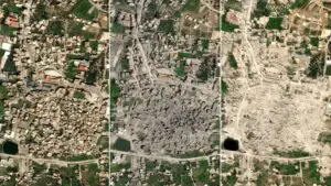 On April 14, satellite imagery shows the center of Bint Jbeil in southern Lebanon severely damaged, with grey debris patterns suggesting burning consistent with demolitions. By April 23, the remaining buildings and structures had been completely flattened. (Airbus) from CNN