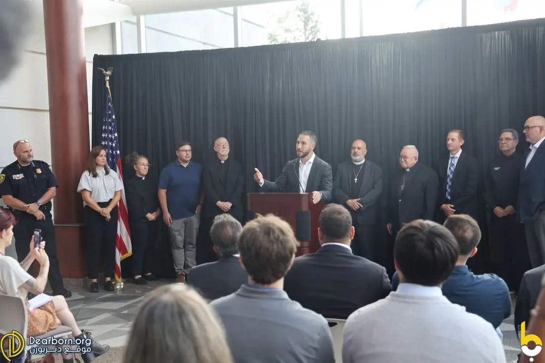Dearborn Mayor Abdullah Hammoud speaks at a press conference alongside Police Chief Issa Shahin and several local church leaders at the Dearborn Police Headquarters in Dearborn, on Tuesday, August 17. - Photo by Dearborn.org