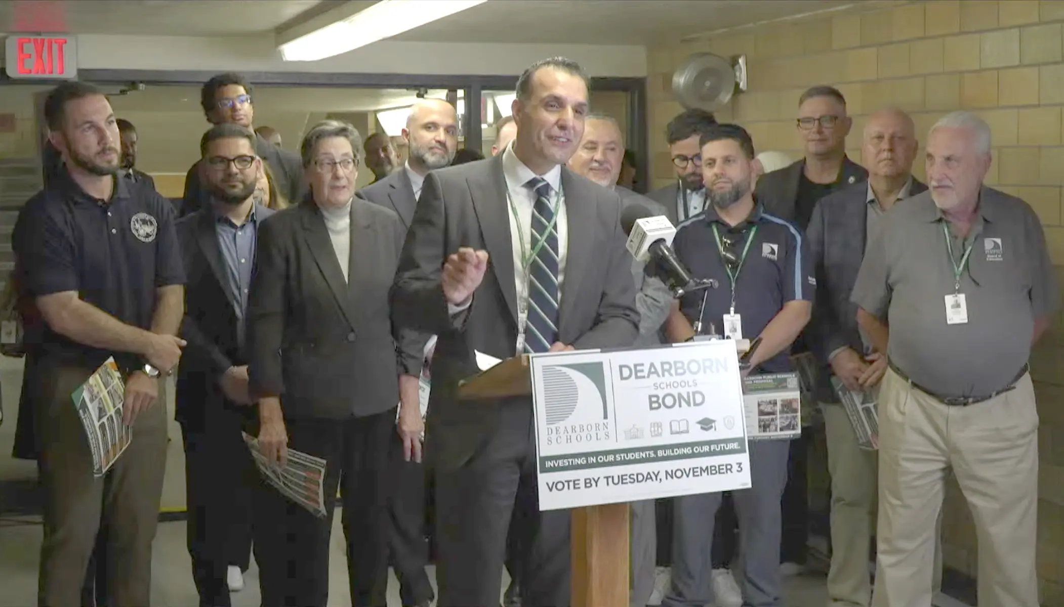 Dearborn Public Schools Superintendent Mike Esseily speaks during a press conference at Lowrey School, Thursday, August 6. – Photo a courtesy of Dearborn Public School